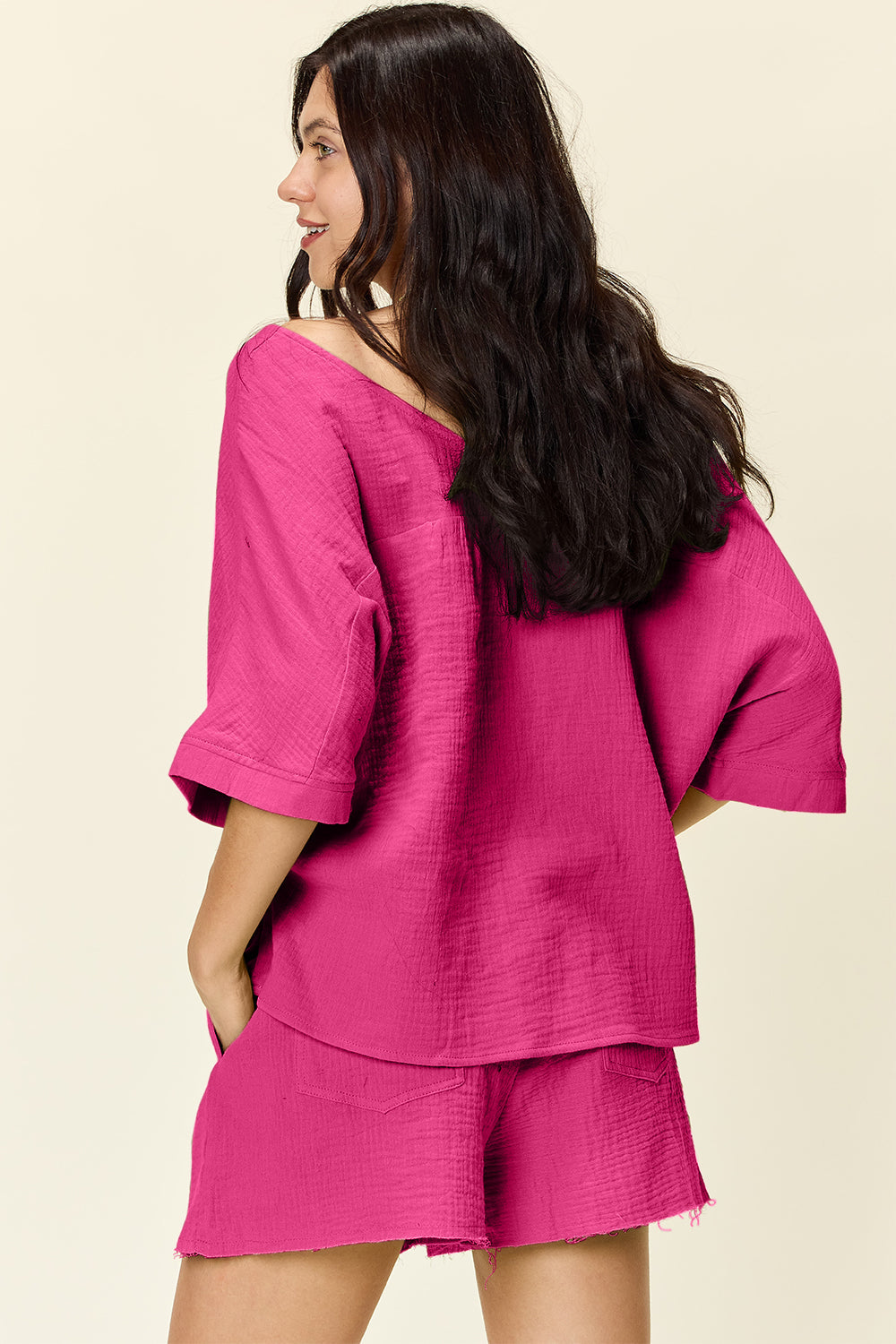 Double Take Texture T-Shirt and Drawstring Shorts Set