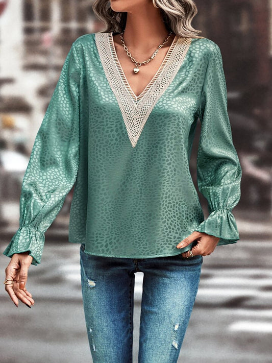 Silky Blouse with Crochet Style V-Neck & Flounce Sleeve