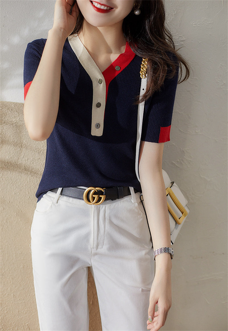 Urban Chic V-neck Blouse with Loose Short Sleeve