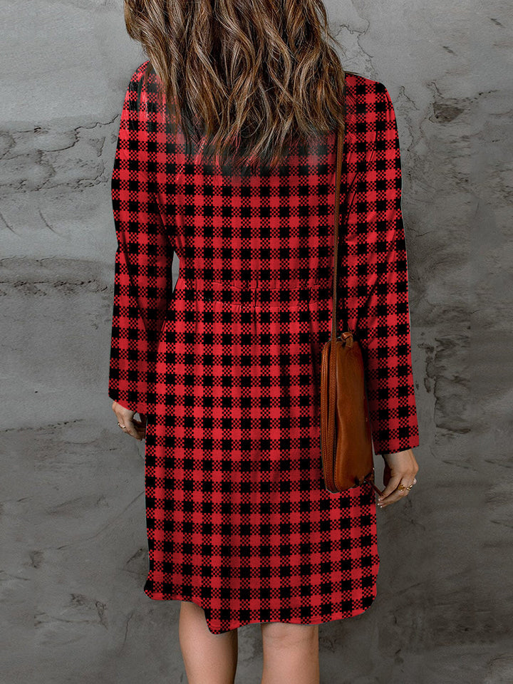 Red Black Checkerboard Round Neck Dress Buttoned w/ Long Sleeve