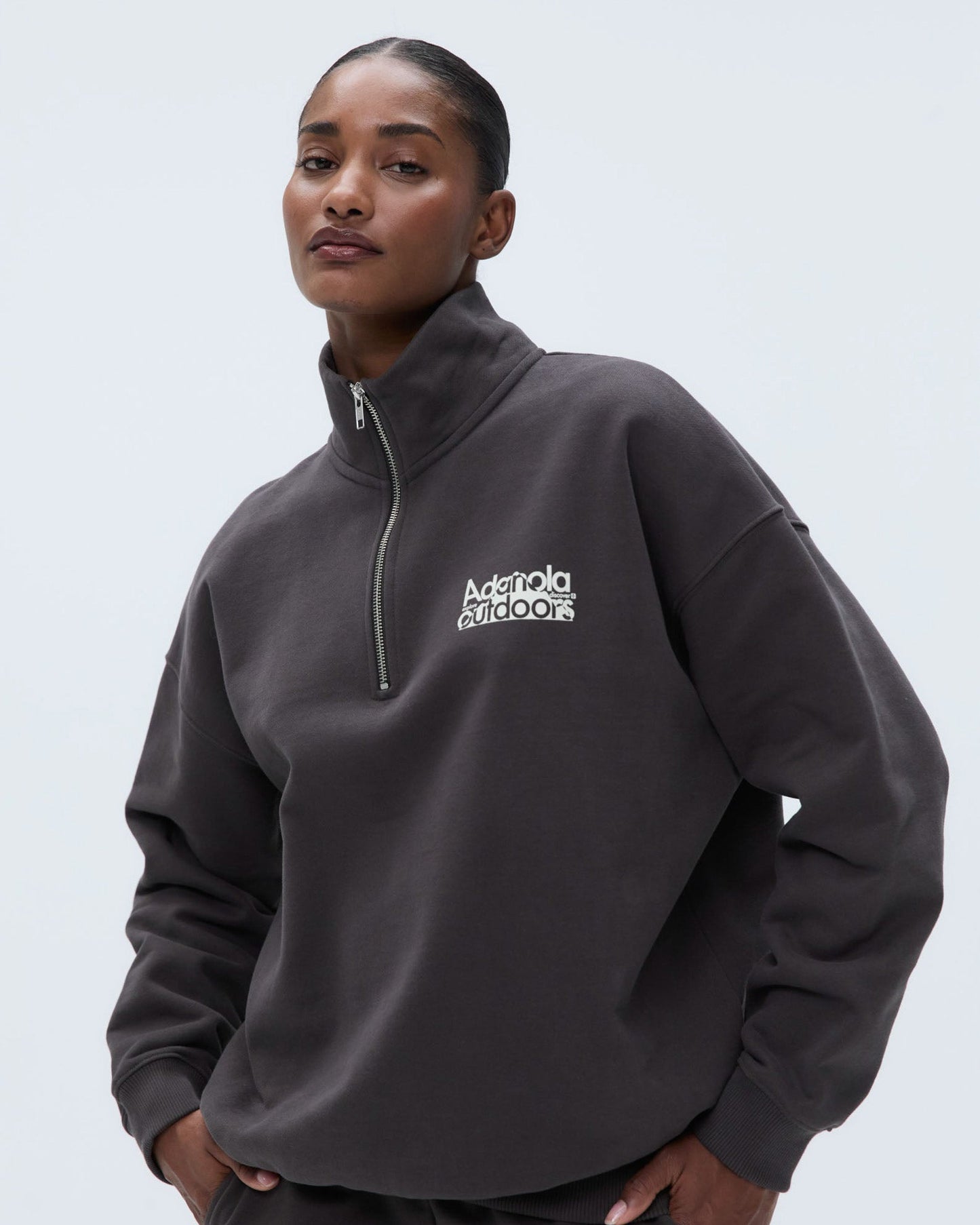 Trail Oversized Funnel Neck Zip Sweatshirt - Coffee Bean/Marshmallow White