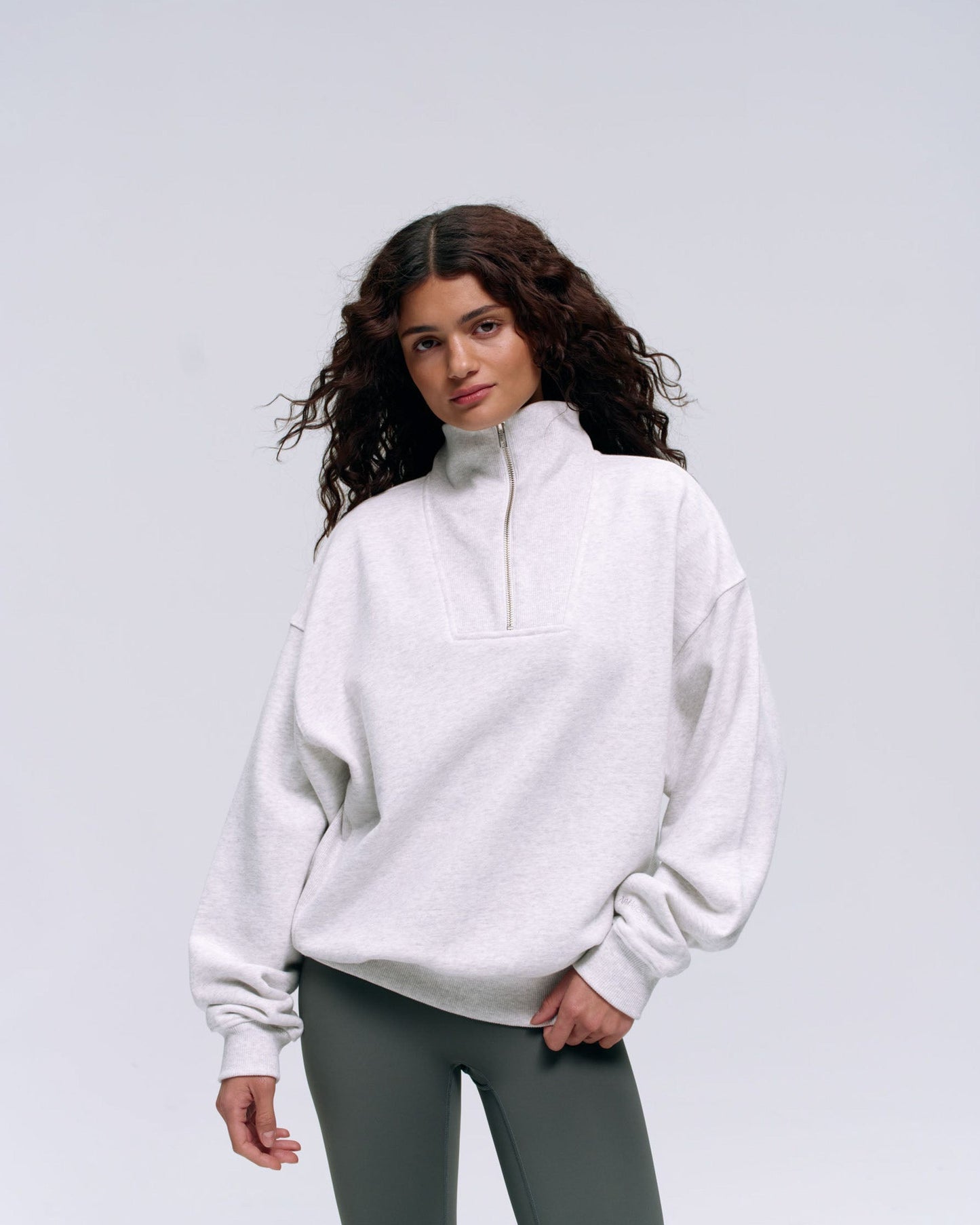 Relaxed Funnel Neck Zip Sweatshirt - Light Grey Melange