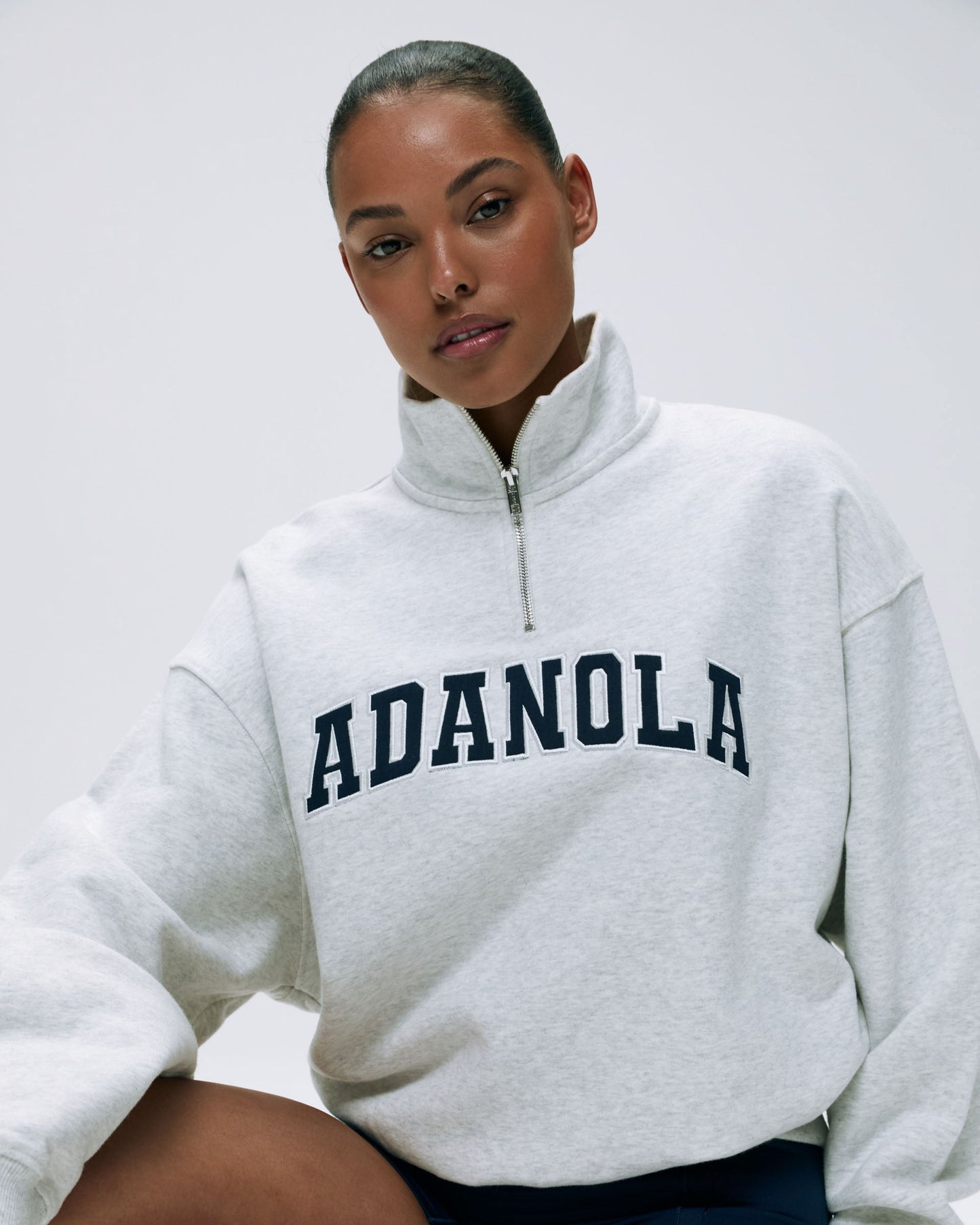 Varsity Relaxed Funnel Neck Zip Sweatshirt - Light Grey Melange/Navy Blue