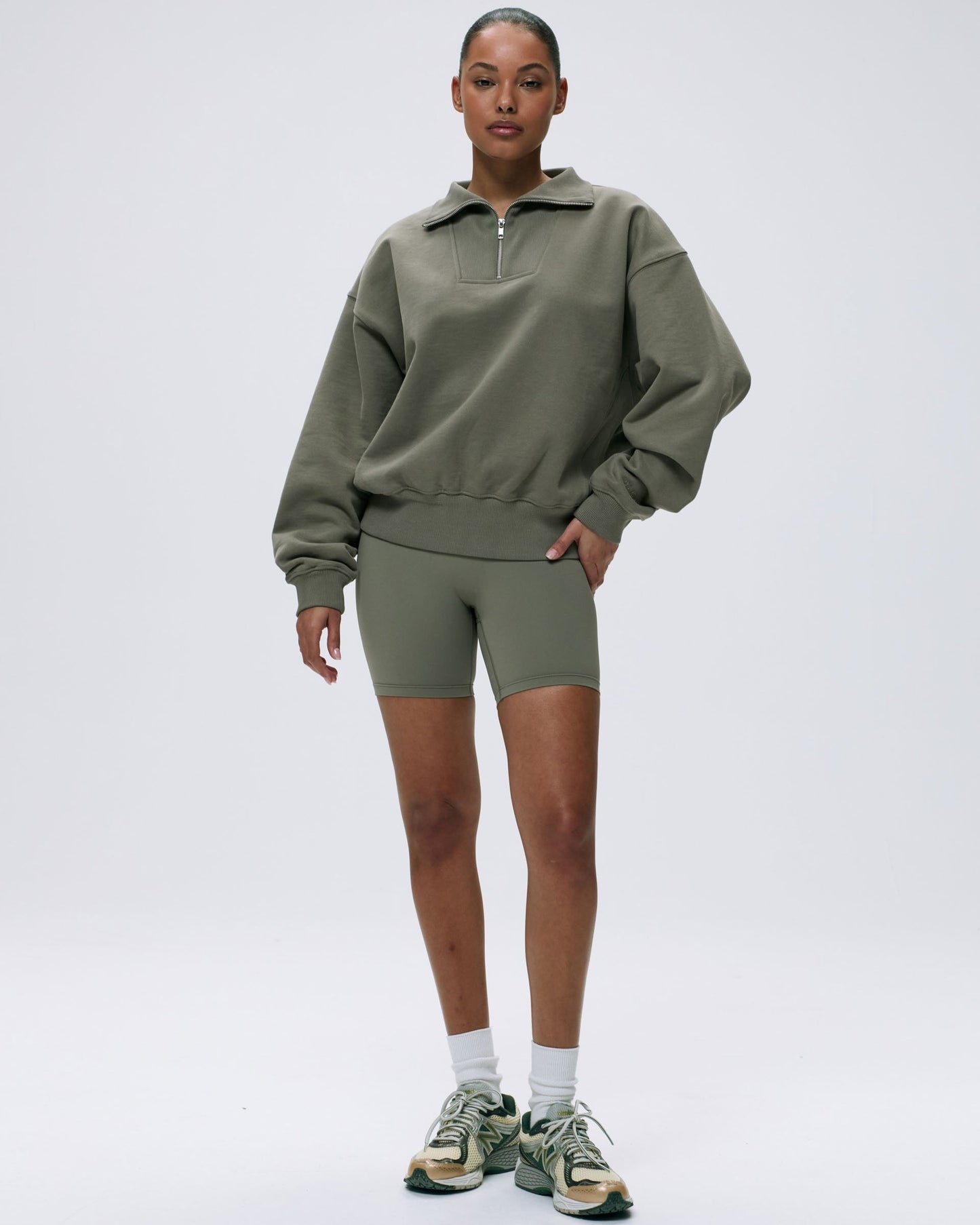 Relaxed Funnel Neck Zip Sweatshirt - Olive Green