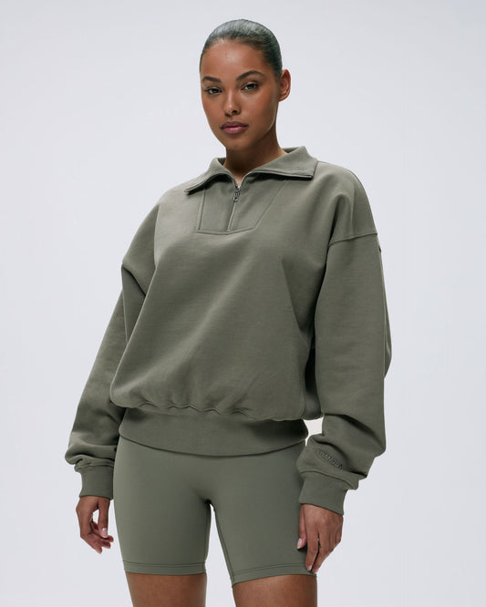Relaxed Funnel Neck Zip Sweatshirt - Olive Green