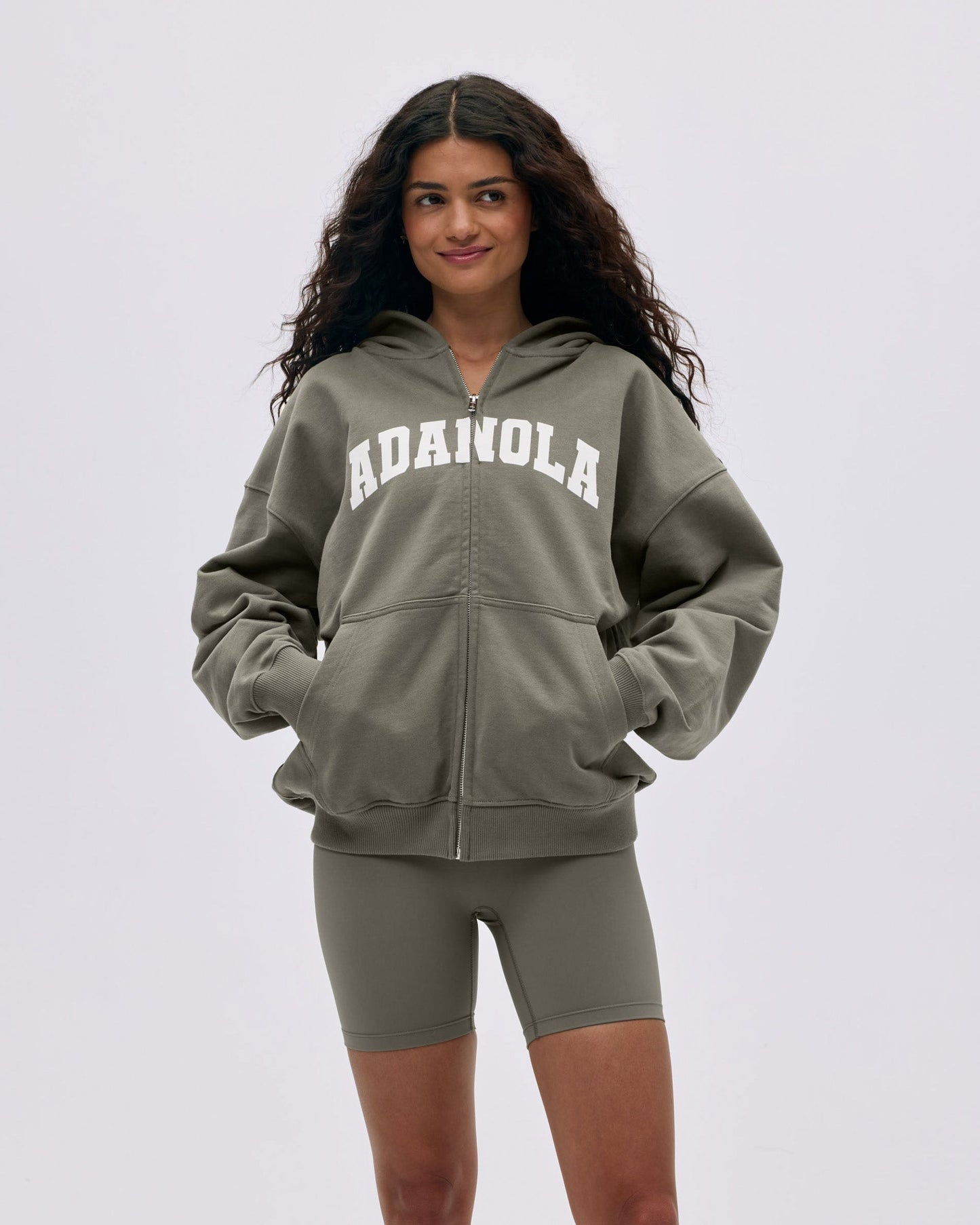 Varsity Oversized Full Zip Hoodie - Olive Green/Marshmallow White