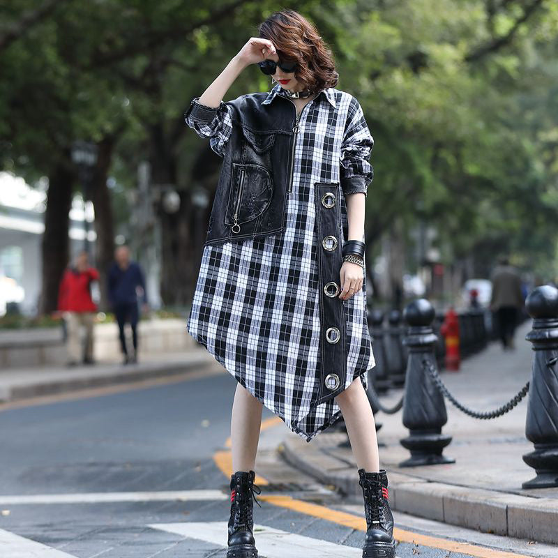 Contrast Coolness Denim Paneled Plaid Dress