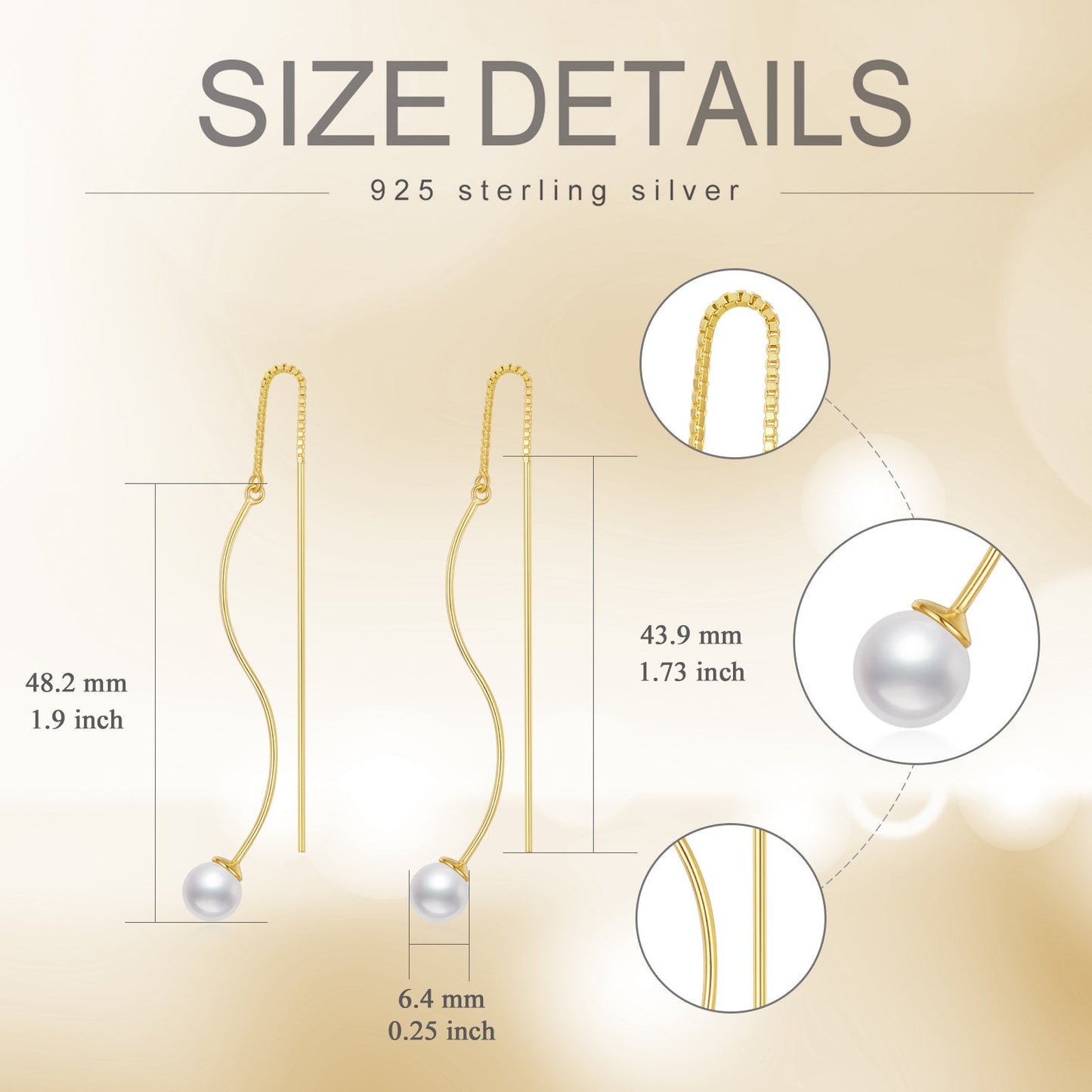 Sterling Silver Gold Plated Elegant Long Genuine Pearl Drop Threader Earrings.