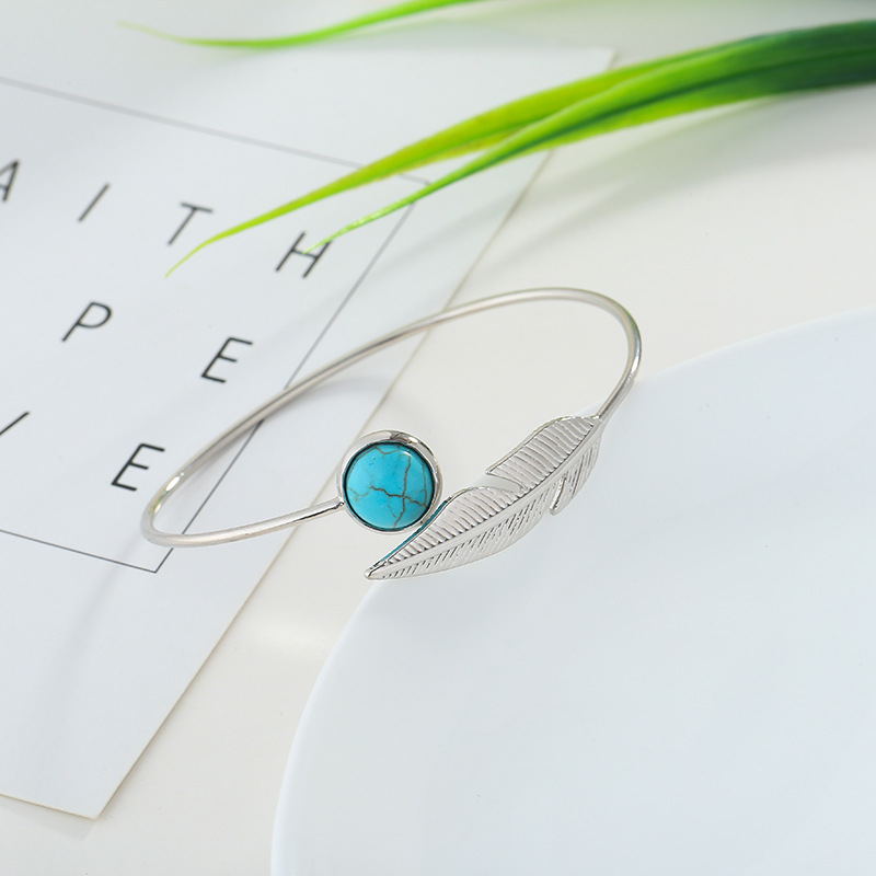 Retro Natural Stone & Feather Silver or Gold Adjustable Bracelet.