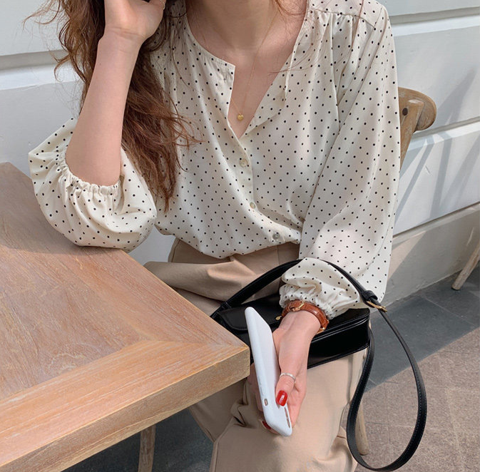 Retro Glamour Dot Pattern Puff Sleeves Shirt