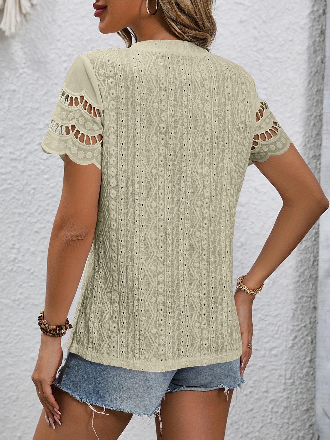 Eyelet Embriodery Round Neck Short Sleeve Top