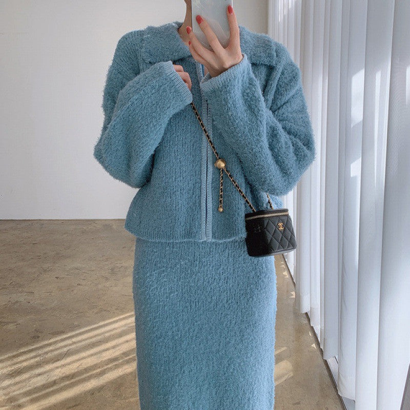 Plush Knitted Cardigan Coat with Skirt Two-Piece Set