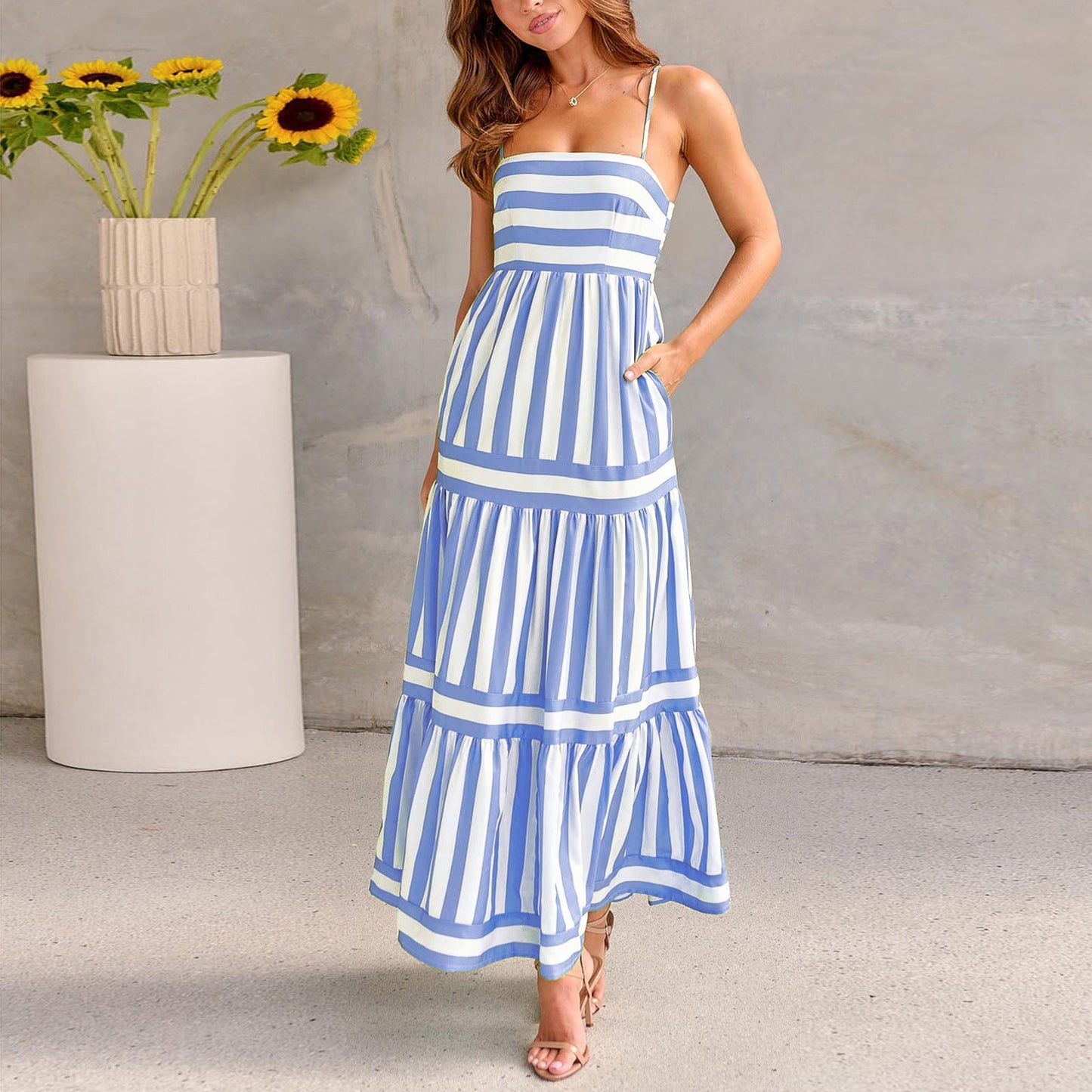 Summer Striped Printed Square Neck  Long  Backless Dress With Pockets