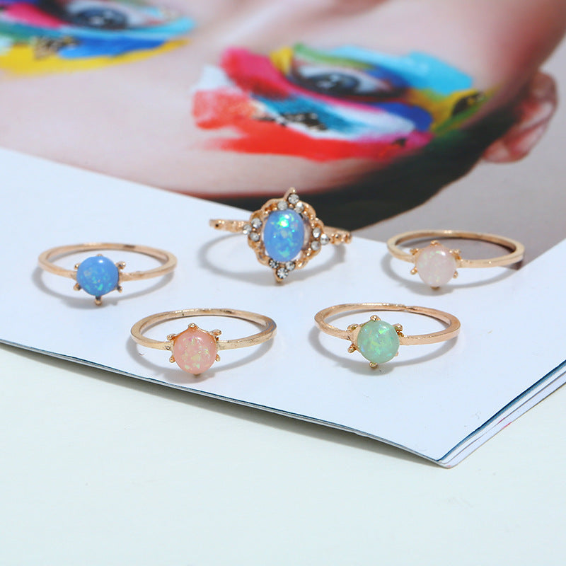 Opal Candy Color Gold Ring Set - 5 Ring Set - Adjustable.