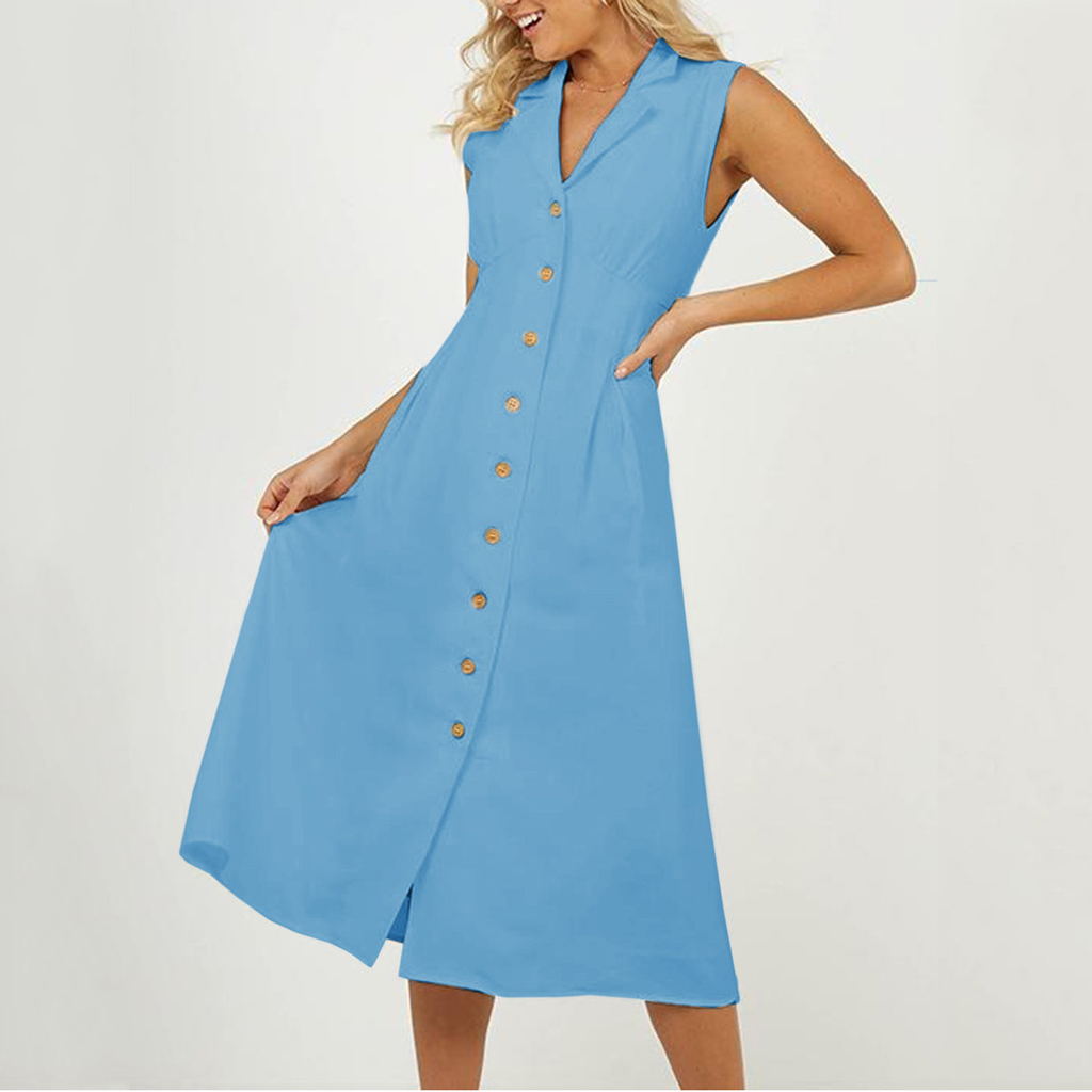 Gold Button Linen Casual Dress