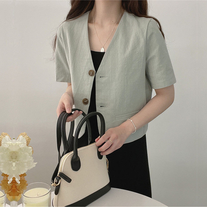 Simple Deep V-neck Cotton Linen Casual Jacket