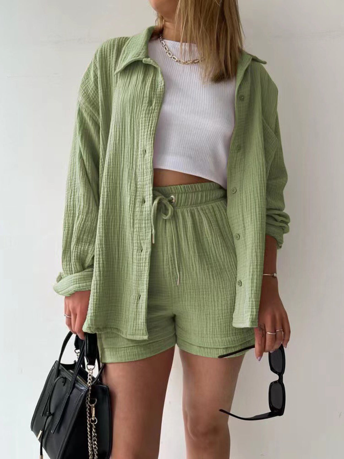 Casual Texture Button-Up Shirt and Drawstring Shorts Set