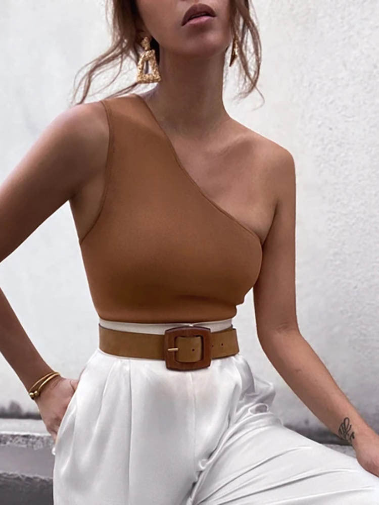 One Shoulder Solid Color Bodycon Top