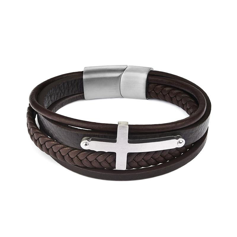 Silver Multilayer Leather Faith Cross Stainless Steel Bracelet.