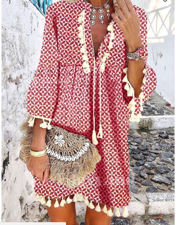 Sweet Hippie Style Tassel Ruffled V-Neck Dress