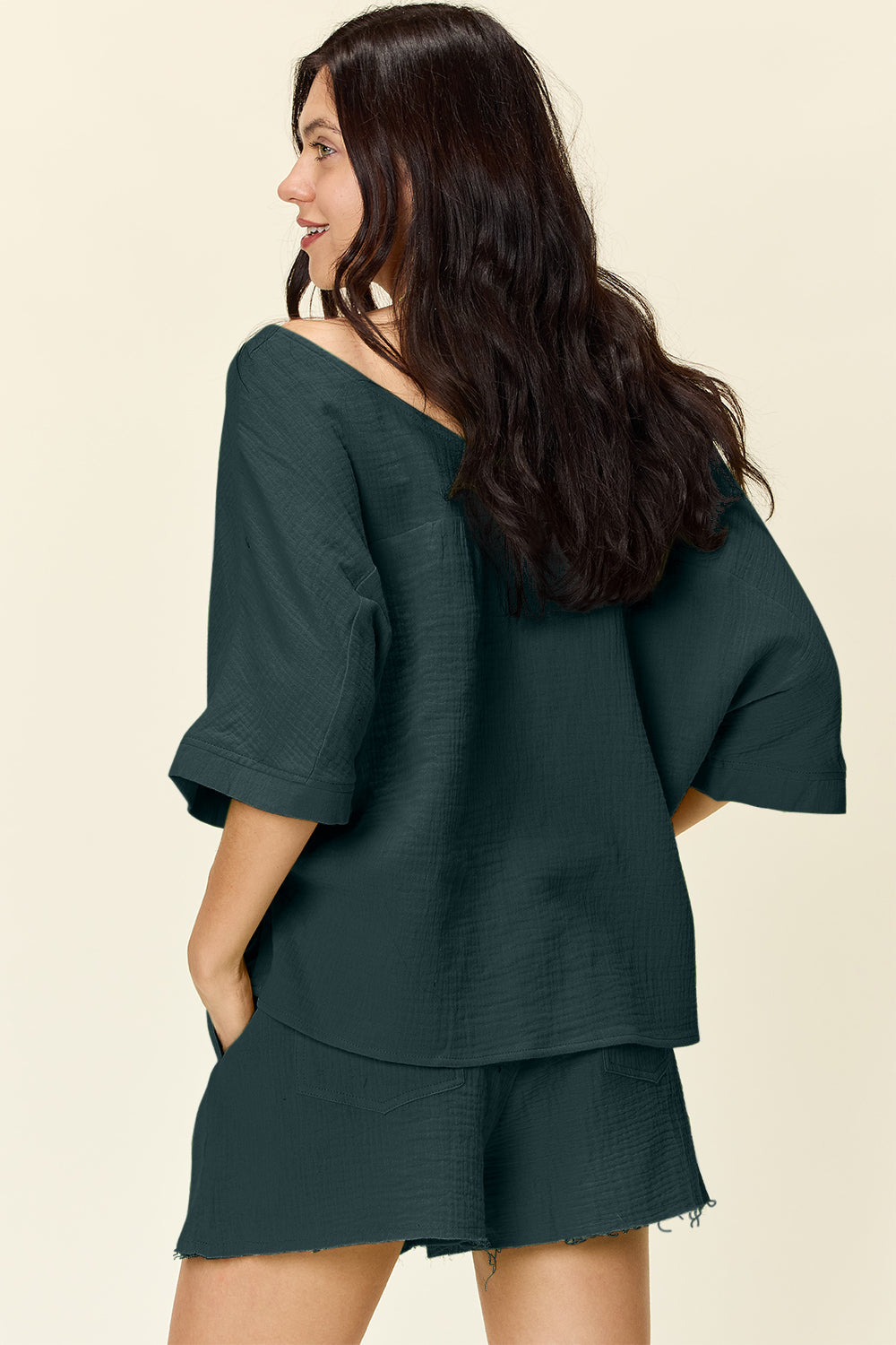 Double Take Texture T-Shirt and Drawstring Shorts Set