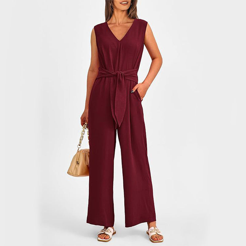 Summer Women V-neck Long Wide-Leg  Jumpsuit w/ Pockets
