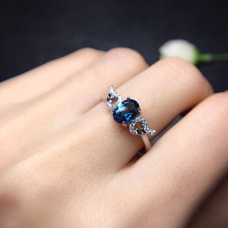 Deep Blue Oval Cut Topaz 925 Sterling Silver Ring.