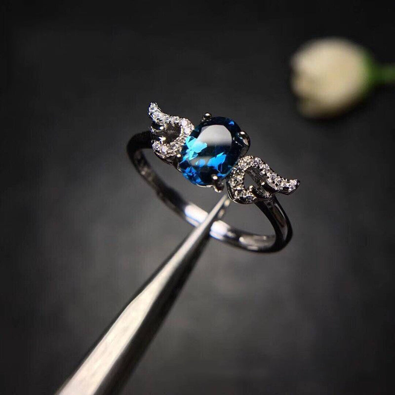 Deep Blue Oval Cut Topaz 925 Sterling Silver Ring.