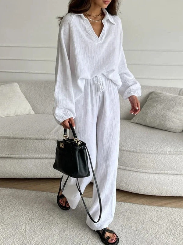 Casual Loose Long Sleeve Top Drawstring Trouser Set