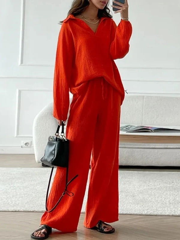 Casual Loose Long Sleeve Top Drawstring Trouser Set