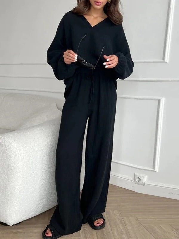 Casual Loose Long Sleeve Top Drawstring Trouser Set