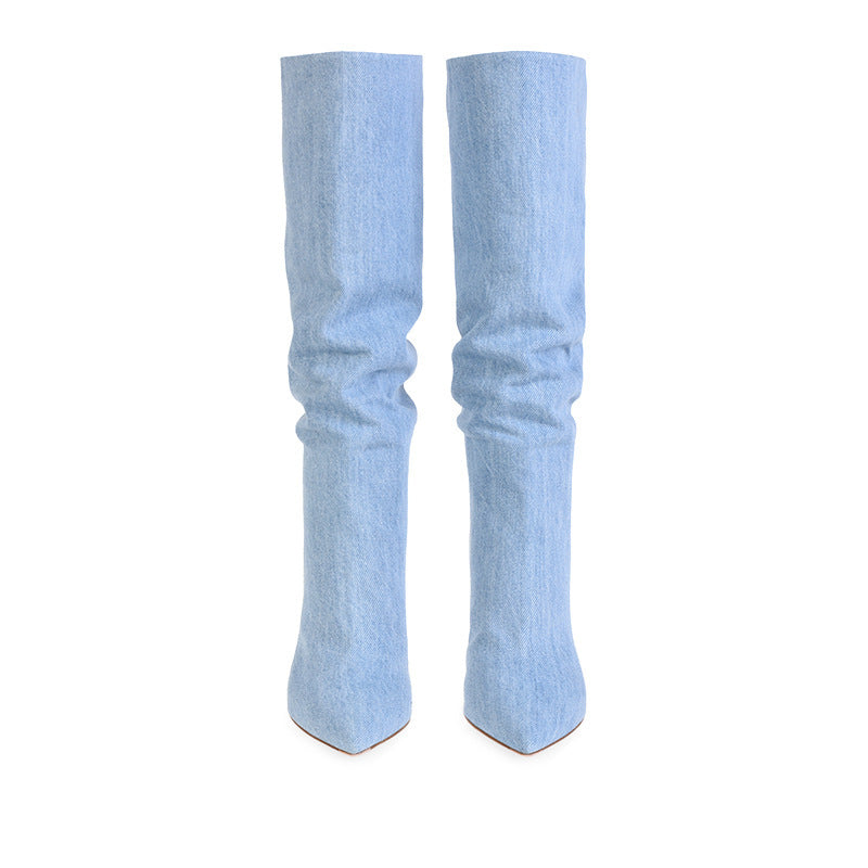 Pencil Heel Denim Knee-high Boots
