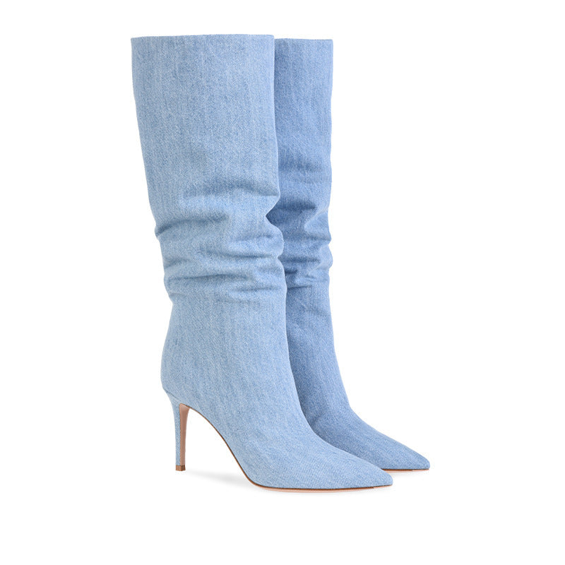 Pencil Heel Denim Knee-high Boots
