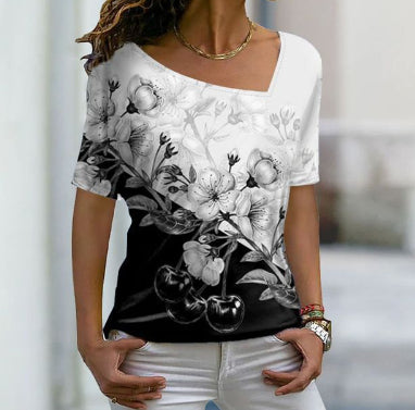 White Flower Printed Top with  Short Sleeve