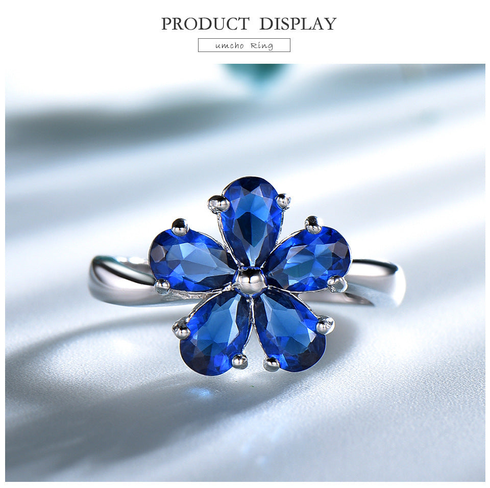 925 Sterling Silver Flower Petal Sapphire Ring.