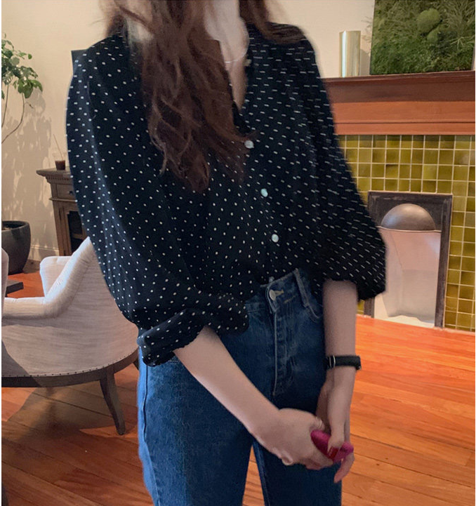 Retro Glamour Dot Pattern Puff Sleeves Shirt