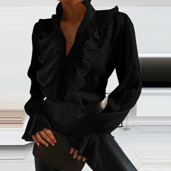 Modern Flare Ruffled Pleated Chiffon Collar Shirt