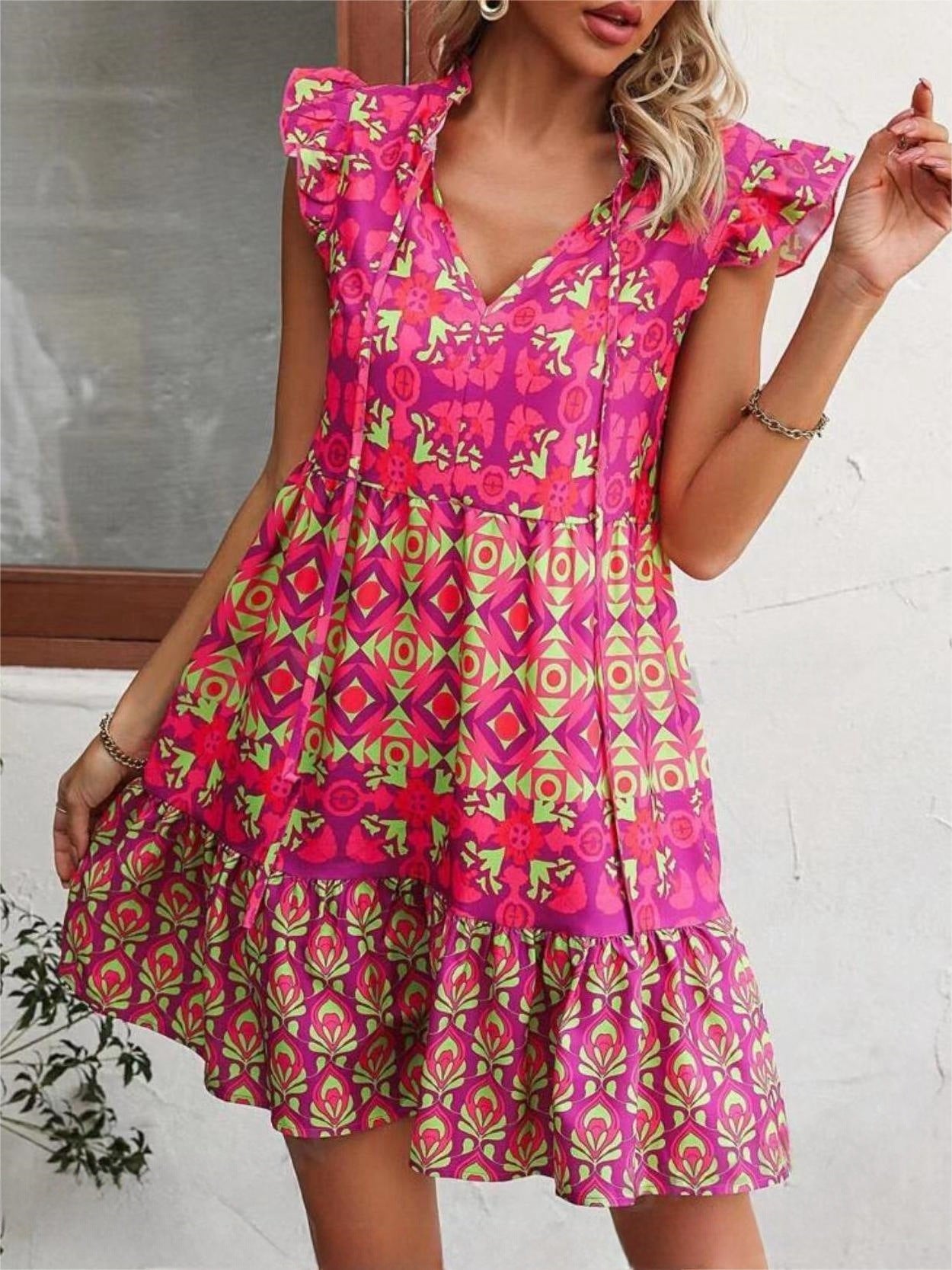Hot Pink Summer Fashion Lace-up Straight Dresses with V-Neck & Ruffle Flying Sleeves