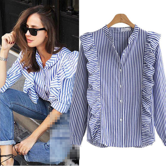 Serene Blue Striped Cotton Cardigan Long Sleeve Shirt
