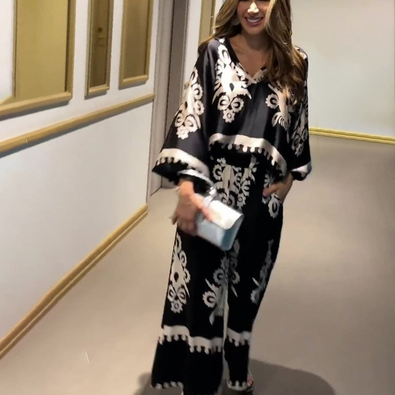 Irregular Pattern Print Long Sleeve Top And Trousers