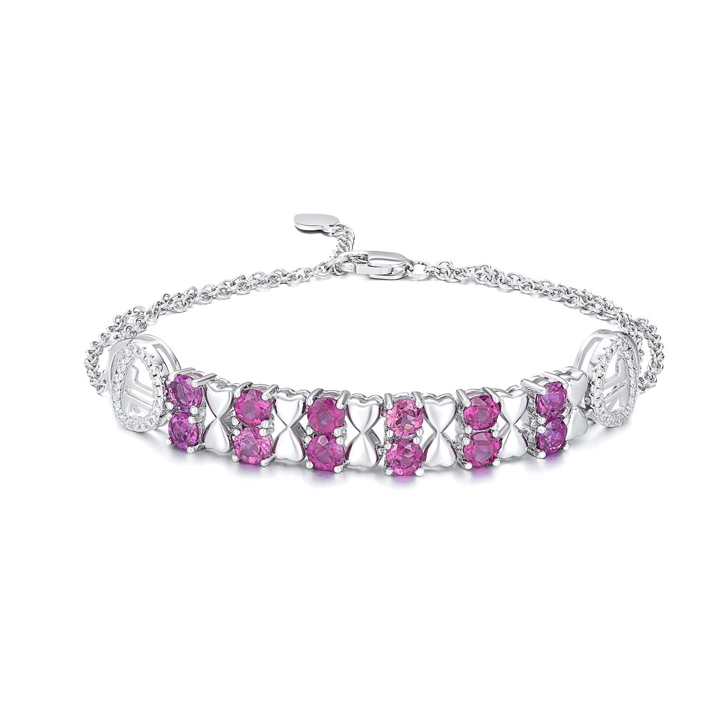 Genuine Purple Garnet Bracelet Interlaced with 925 Sterling Silver Hearts Accents.