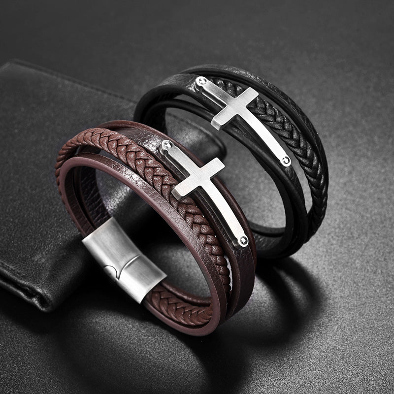 Silver Multilayer Leather Faith Cross Stainless Steel Bracelet.