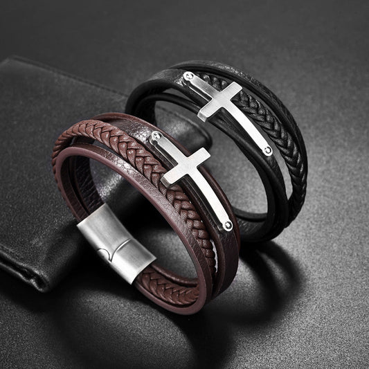 Silver Multilayer Leather Faith Cross Stainless Steel Bracelet.