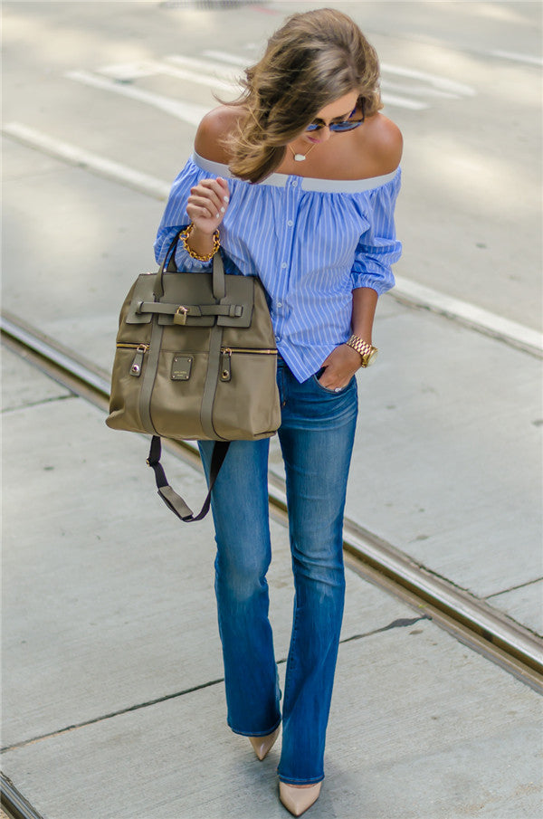 Classic Striped Strapless One-Shoulder Shirt