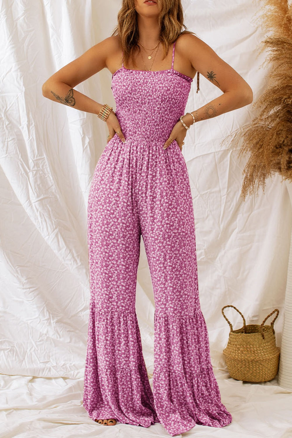 Bohemian Smocked Floral  Printed Wide Strap Ruffles Jumpsuit