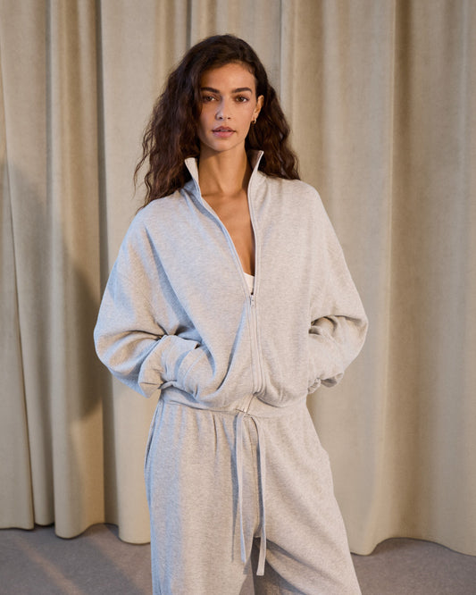 Waffle Full Zip Funnel Neck Sweatshirt - Light Grey Melange