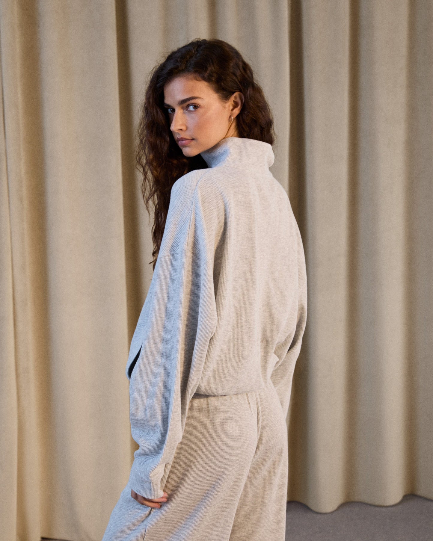 Waffle Full Zip Funnel Neck Sweatshirt - Light Grey Melange