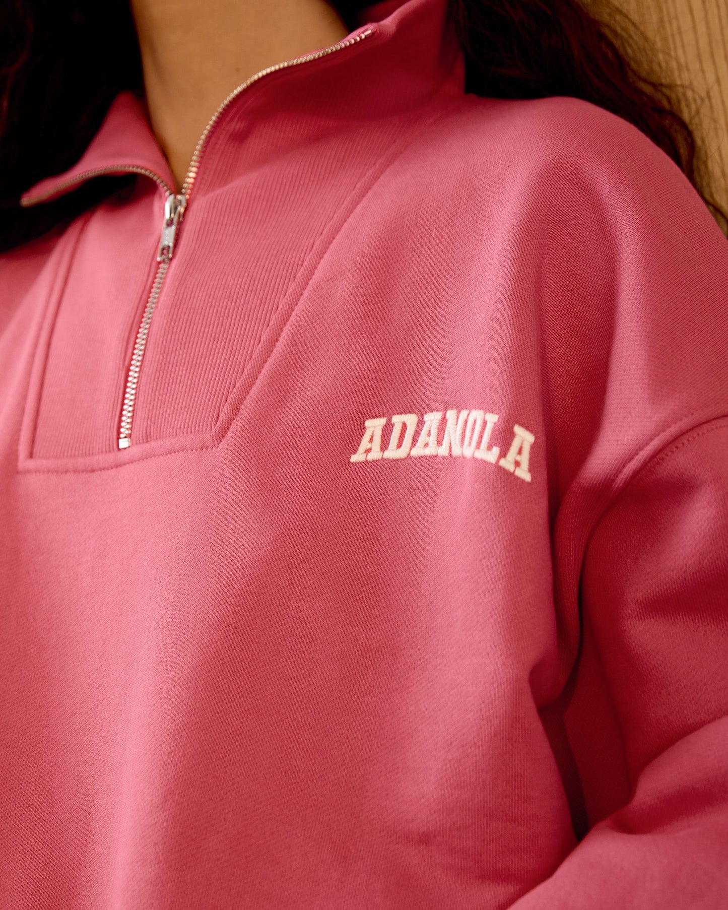 Varsity Relaxed Funnel Neck Zip Sweatshirt - Rose Pink