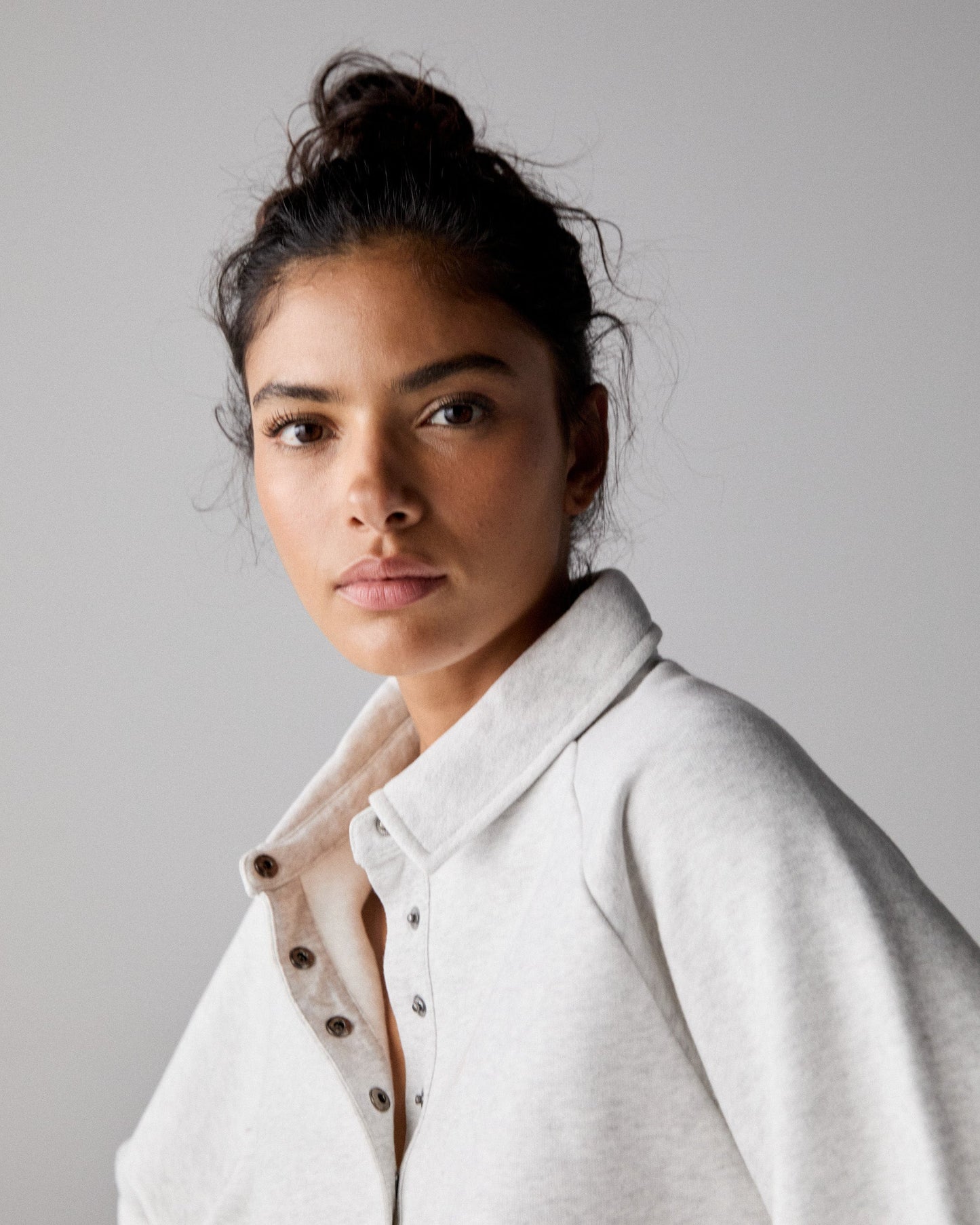 Slouchy Button Up Sweatshirt - Light Grey Melange