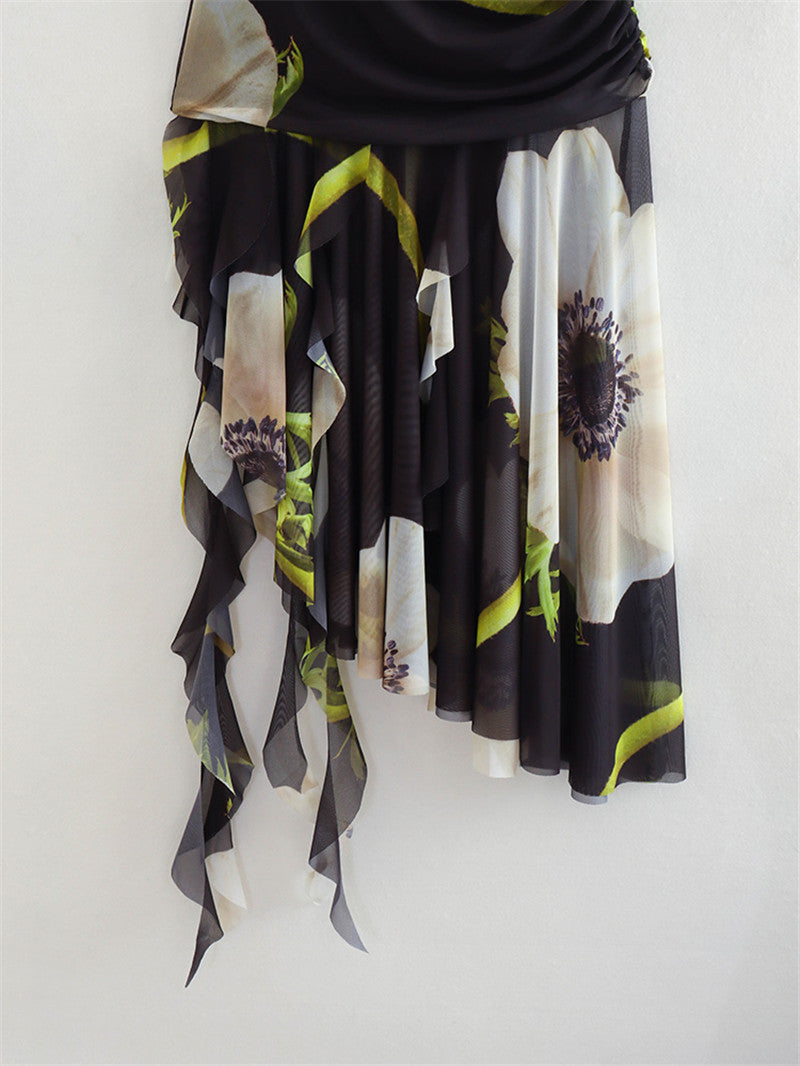 Floral Printed Silk Net Tube Top Dress